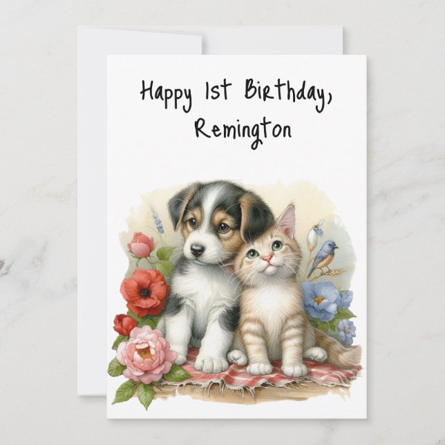 Personlig Puppy och Kitten Baby första födelsedag Kort (Framsida)