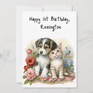 Personlig Puppy och Kitten Baby första födelsedag Kort