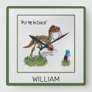 Personlig "Put Me in Coach" Dinosaur Art Square Fyrkantig Klocka