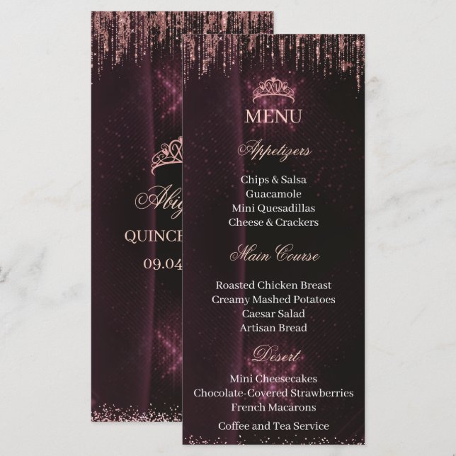 Personlig Quinceañera Meny Kort | QUINCEAÑERA (Fram/baksida)