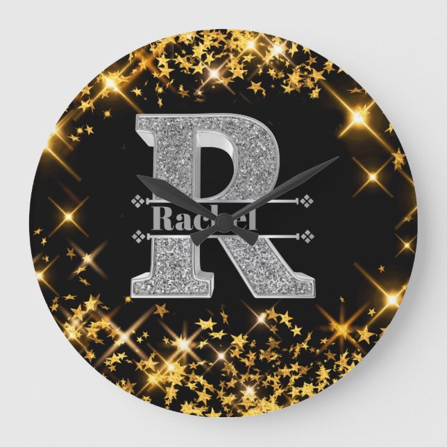 Personlig R Inledande Silver Monogram Ditt namn Stor Klocka (Framsida)