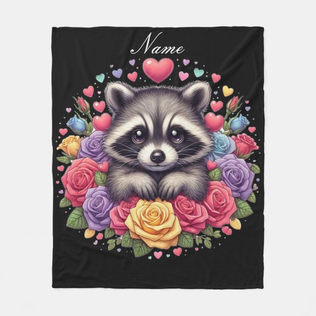 Personlig Raccoon med blommor och örter Fleecefilt (Framsidan)