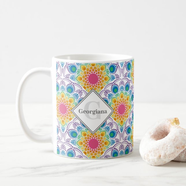 Personlig Rainbow Blommigt Fontän Art Deco Kaffemugg (Med munk)