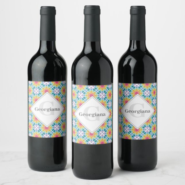 Personlig Rainbow Blommigt Mandala Diamond Tile Vinflaska Etikett (Flaskor)