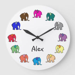 Personlig Rainbow Färgad Cute Elephants Parad Stor Klocka