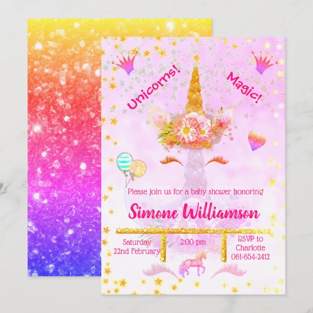 Personlig Rainbow Glitter Golden Unicorn Inbjudningar (Fram/baksida)