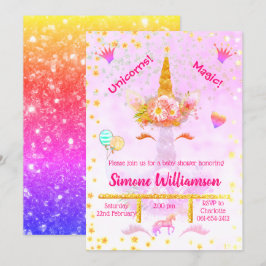 Personlig Rainbow Glitter Golden Unicorn Inbjudningar