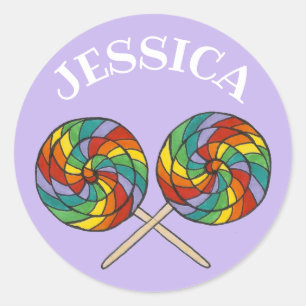 Personlig Rainbow Lollipop Lolly Candy Lila Runt Klistermärke
