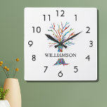 Personlig Rainbow Träd Square Wall Clock Fyrkantig Klocka<br><div class="desc">Denna färgstarka murklocka dekoreras med en mosaikfamilj träd i regnbågens färg.
Anpassade enkelt med ditt namn.
Eftersom vi skapar vår egen teckning kommer du inte att hitta just den här bilden från andra designers.
Original Mosaic © Michele Davies.</div>