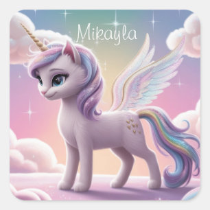 Personlig Rainbow Unicorn Cat Fyrkantigt Klistermärke