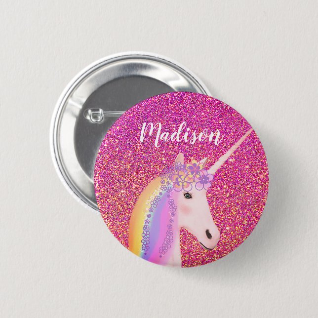 Personlig Rainbow Unicorn Rosa Glitter Knapp (Framsida & baksida)