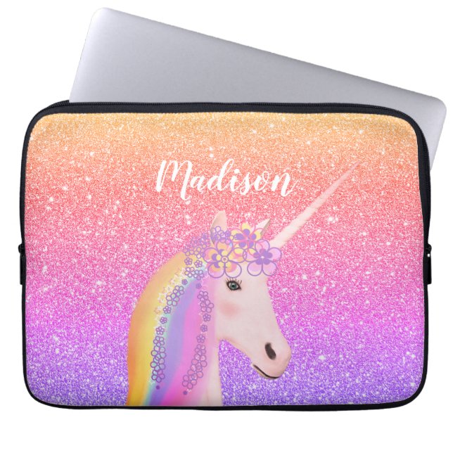 Personlig Rainbow Unicorn Rosa Glitter Laptop Fodral (Framsidan)