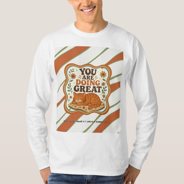 Personlig randig orange katthögskoletröja t shirt (Framsida)