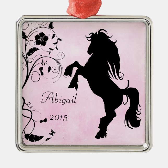 Personlig Rearing Silhouette Horse Rosa Black Julgransprydnad Metall (Framsidan)