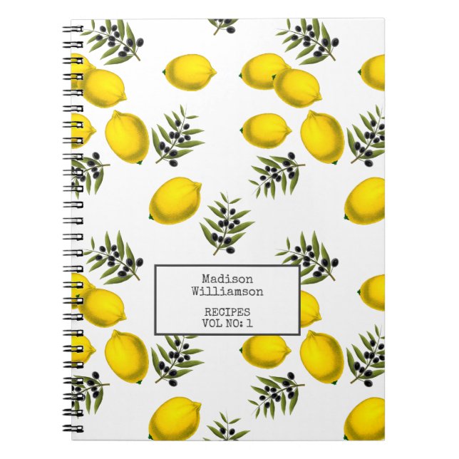 Personlig Recipes Lemon och Olive Mönster Anteckningsbok (Framsidan)