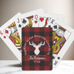 Personlig Red and Black Buffalo Play Casinokort<br><div class="desc">Produktdesignen har en silhuett av en hjort på ett klassiskt rött och svart buffel plaid mönster. Tillsammans med er egen personlig gör denna sammansättning gårdshuset land-stil,  modernt och unikt spelkort för familjeåterförening,  julklapp eller andra särskilda helgdag!</div>