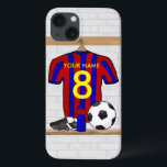 Personlig Red and Blue Football Ocer Jersey<br><div class="desc">Lägg till fotbollsspelarens, fotbollsspelarens eller fläkt eller fotbollslagerbussens namn och nummer eller ålder till denna unika sportdesign med en röd och blå, stripe fotbolls-fotbollstrådens jersey hängande i skåpet. Det finns en vattenflaska, en fotboll och fotbollsklämlar på bänken under tröjan. Andra fotbollslag färg som finns i vår butik och vi välkomnar...</div>