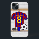 Personlig Red and Blue Football Ocer Jersey<br><div class="desc">Lägg till fotbollsspelarens, fotbollsspelarens eller fläkt eller fotbollslagerbussens namn och nummer eller ålder till denna unika sportdesign med en röd och blå, stripe fotbolls-fotbollstrådens jersey hängande i skåpet. Det finns en vattenflaska, en fotboll och fotbollsklämlar på bänken under tröjan. Andra fotbollslag färg som finns i vår butik och vi välkomnar...</div>