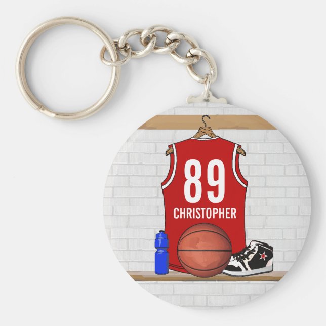 Personlig Red and White Basketball Jersey Nyckelring (Framsidan)