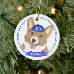 Personlig Red and White Corgi Hund Hanukkah Julgransprydnad Keramik