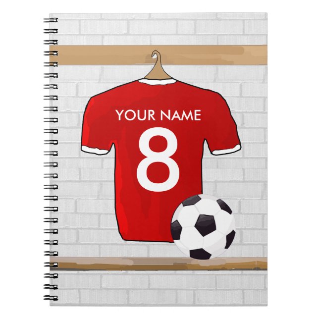 Personlig Red and White Football Soccer Jersey Anteckningsbok (Framsidan)