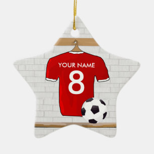 Personlig Red and White Football Soccer Jersey Julgransprydnad Keramik