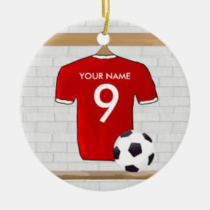Personlig Red and White Football Soccer Jersey Julgransprydnad Keramik