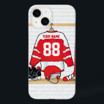Personlig Red and White Ice Hockey Jersey<br><div class="desc">En unik och roligt sportdesign med en personlig ishockeyjersey som hänger i ett skållrum med hjälm, isskridskor och en hockeyklubba. Tjersey kan vara helt personlig med det antal och namn som du väljer att ge en underbar gåva till alla ishockey fläkt, ishockeytränare eller ishockeyspelare. Andra färger som finns tillgängliga i...</div>