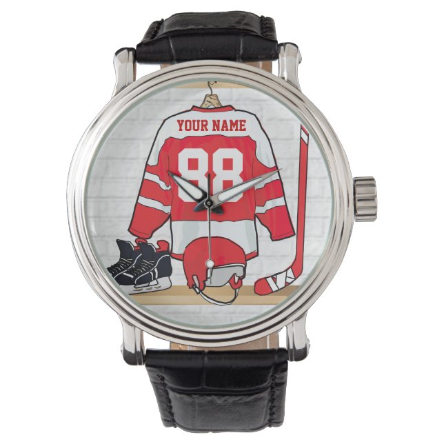 Personlig Red and White Ice Hockey Jersey Armbandsur (Framsida)