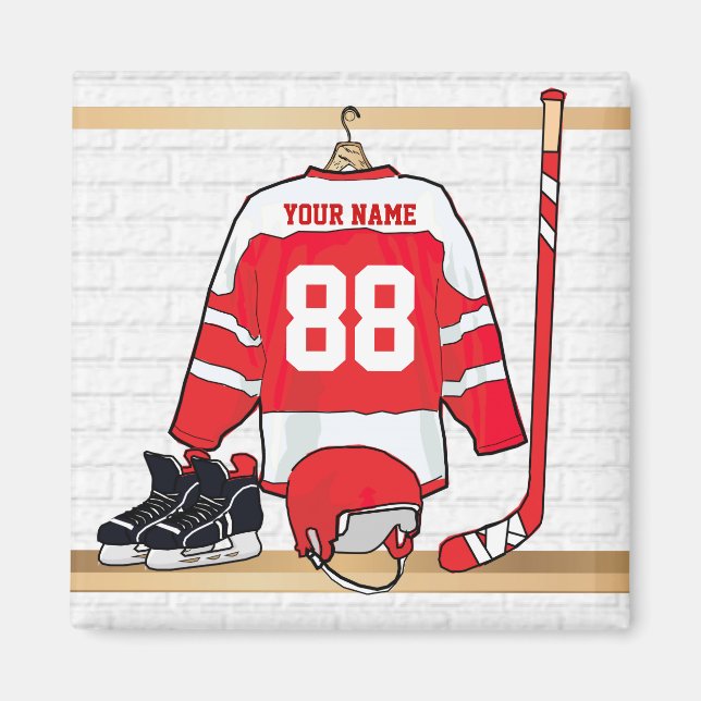Personlig Red and White Ice Hockey Jersey Magnet (Framsidan)