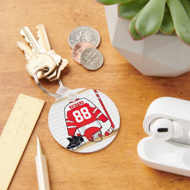 Personlig Red and White Ice Hockey Jersey Nyckelring (Skrivbord)