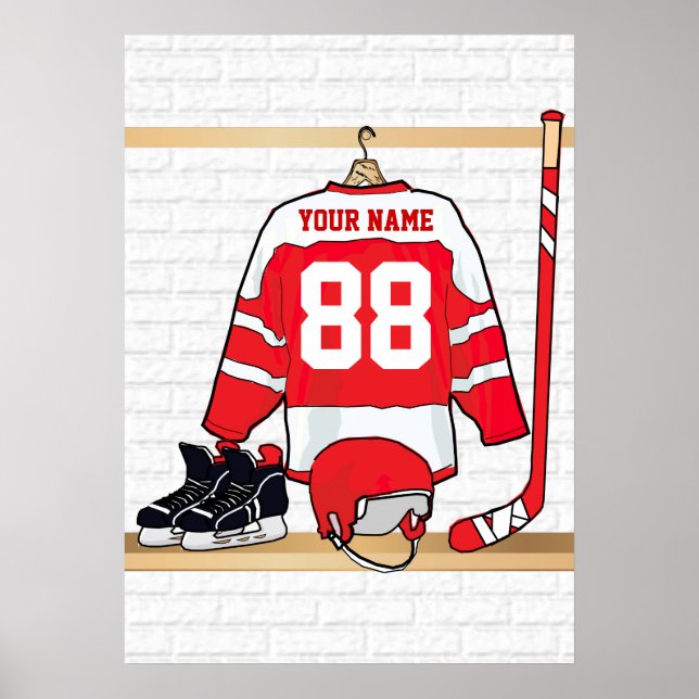 Personlig Red and White Ice Hockey Jersey Poster (Framsidan)