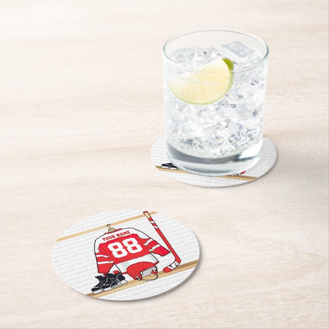 Personlig Red and White Ice Hockey Jersey Underlägg Papper Rund (Insitu)