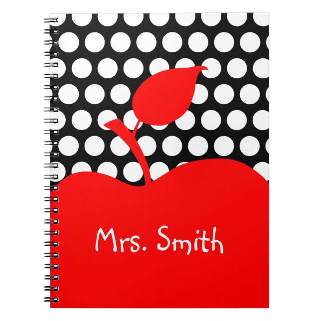 Personlig Red Apple Black and White Polka Dot Anteckningsbok (Framsidan)