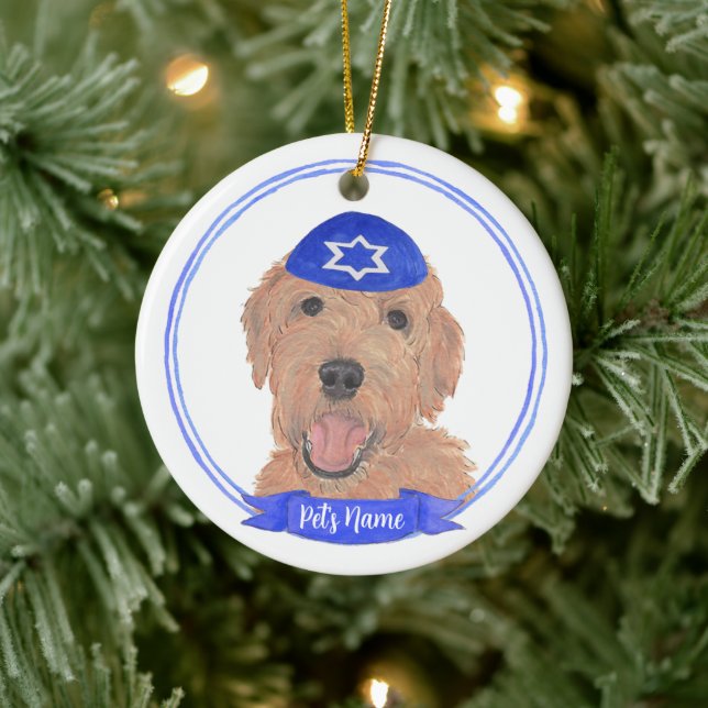 Personlig Red Apricot Guld Doodle Hund Hanukkah Julgransprydnad Keramik (Träd)