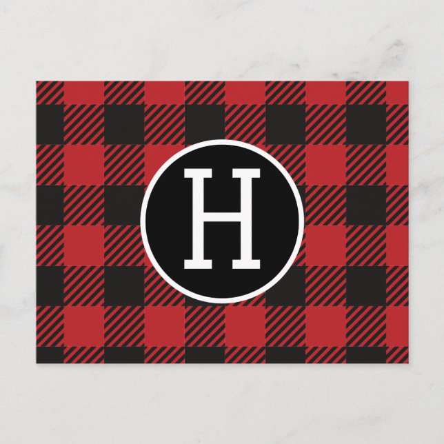 Personlig Red & Black Buffalo Play Monogram Vykort (Framsida)