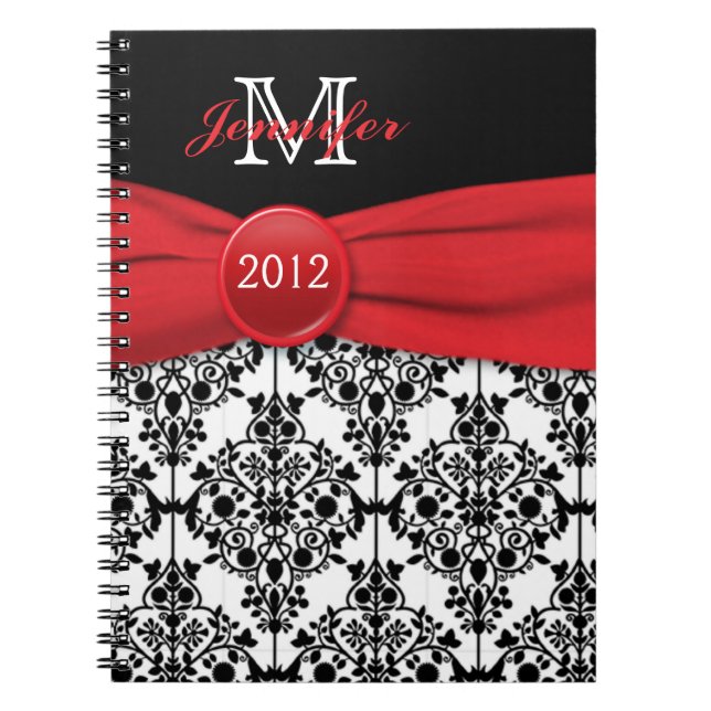Personlig Red Black White Damask Journal Anteckningsbok Med Spiral (Framsidan)