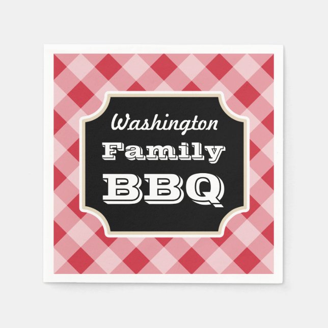 Personlig Red Gingham Family BBQ Party Napkins Pappersservett (Framsidan)