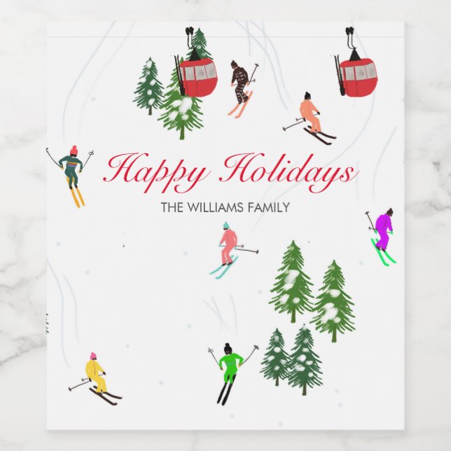 Personlig Red Gondola Ski Helgdagars Illustration Vinflaska Etikett (Singel etikett)