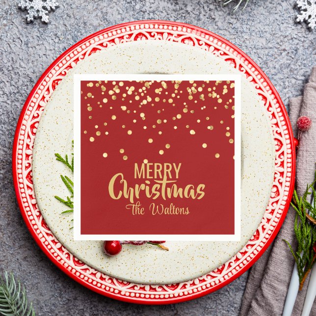Personlig RED Guld Confetti God jul Pappersservett (Personalized RED Gold Confetti Merry Christmas Paper Napkins)
