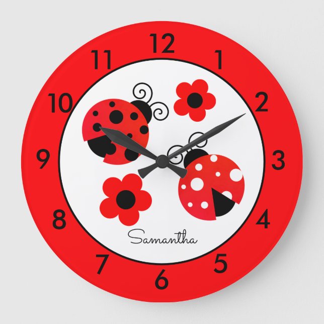 Personlig Red Ladybug Round Clock Stor Klocka (Framsida)