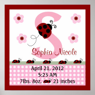 Personlig Red Ladybugs/Flower Birth Info Poster