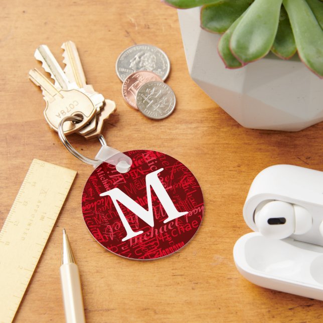 Personlig Red Monogram Keychain Nyckelring (Skrivbord)