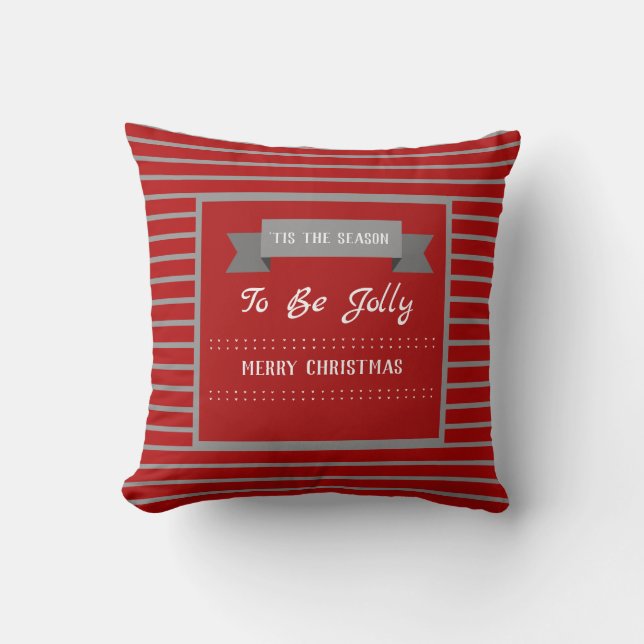 Personlig Red och Grått jul Stripe Kudde (Framsida)