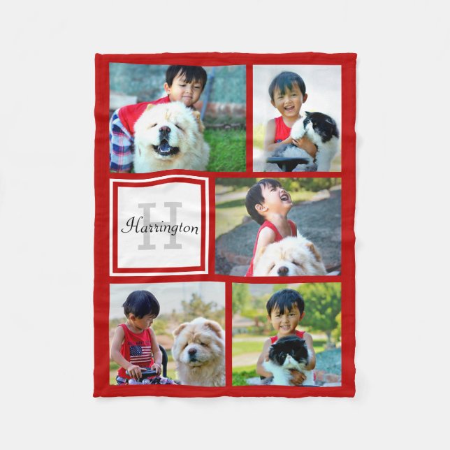 Personlig Red Photo Collage Monogrammed Gift Fleecefilt (Framsidan)