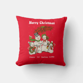 Personlig Red Snögubbe-familjens Helgdag - jul Kudde