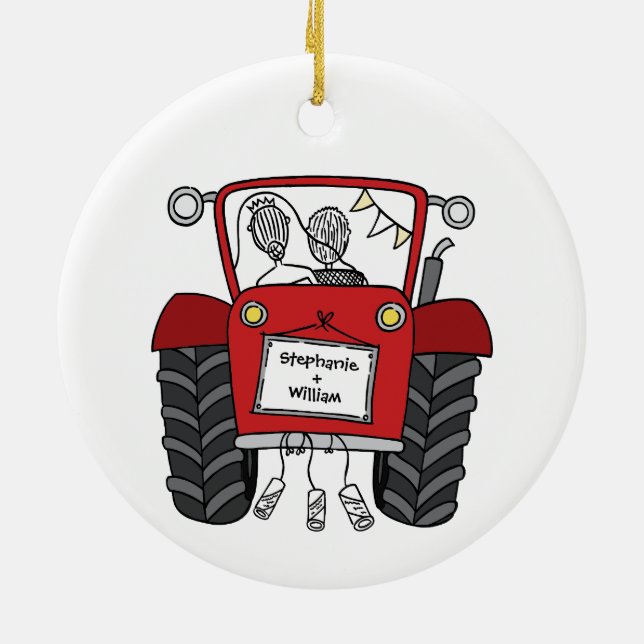 Personlig Red Tractor Landsbyggsbröllop Gift Julgransprydnad Keramik (Baksidan)