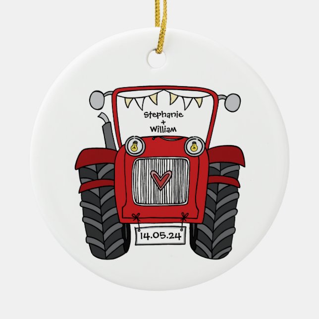 Personlig Red Tractor Landsbyggsbröllop Gift Julgransprydnad Keramik (Framsidan)