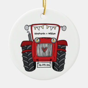 Personlig Red Tractor Landsbyggsbröllop Gift Julgransprydnad Keramik