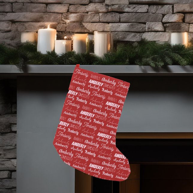 Personlig Red Typography Namn Font Cute Collage Liten Julstrumpa (Skapare uppladdad)